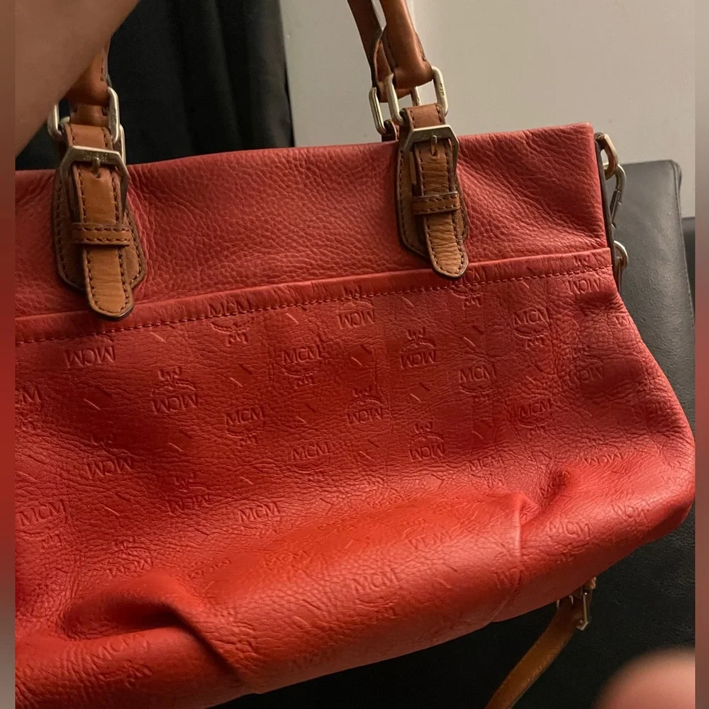 MCM Orange Embossed Leather Medium Two-way Bag W/ Detachable Strap EUC